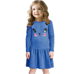 Princess Girls Dress 2018 New Fashion summer Cat Print Children Long Sleeve Cartoon baby girl Cotton Party Dresses for kids