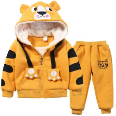 Cute Boys Girls Cartoon Tigers Clothing Suits Baby Plus Velvet Hoodies Pants 2Pcs Sets Kids Toddler Winter Sports Clothes 1-5Yrs